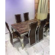 MARBLE DINING BROWN & 6 CHAIR BROWN